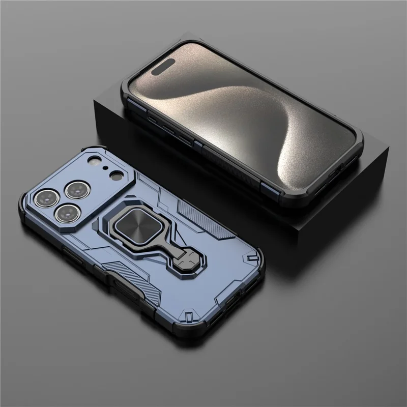 For iPhone 17 Pro Max Case Rotatable Ring Kickstand PC + TPU Shockproof Phone Cover - Navy Blue