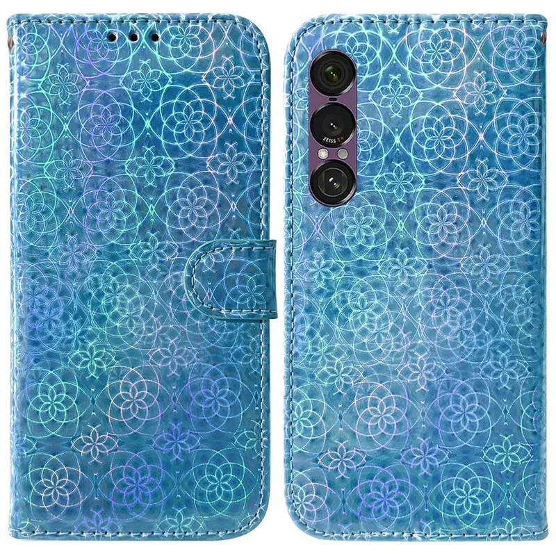 Cover per Sony Xperia 1 VII con Supporto, Custodia in Pelle con Fiori Scintillanti e Cinturino da Polso - Blu