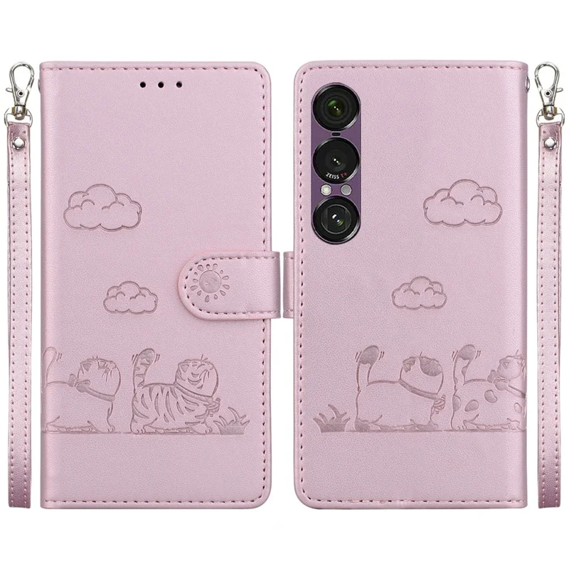 For Sony Xperia 1 VII Case RFID Blocking Kitten Pattern TPU + PU Leather Phone Cover with Wrist Strap - Pink