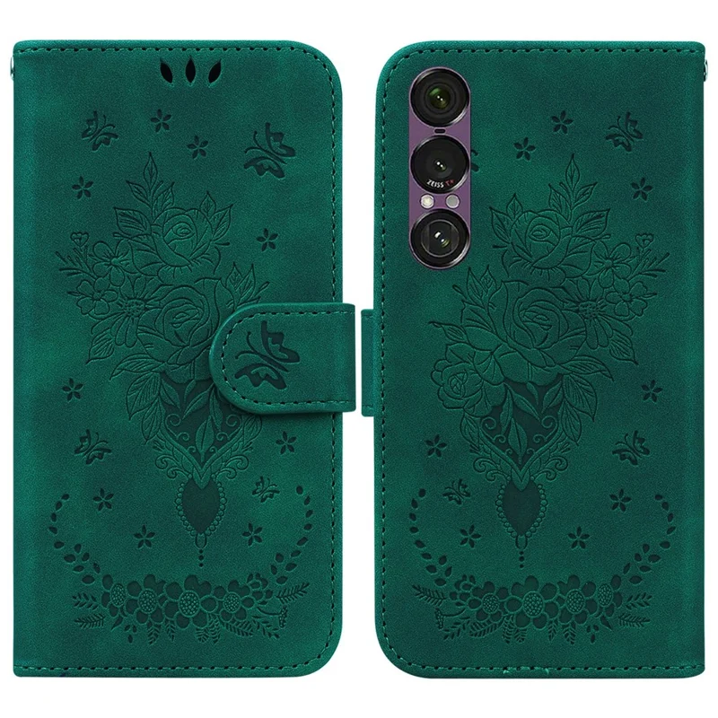 Cover per Sony Xperia 1 VII Farfalla Fiore Stampato in Pelle PU Portafoglio con Cinturino - Verde
