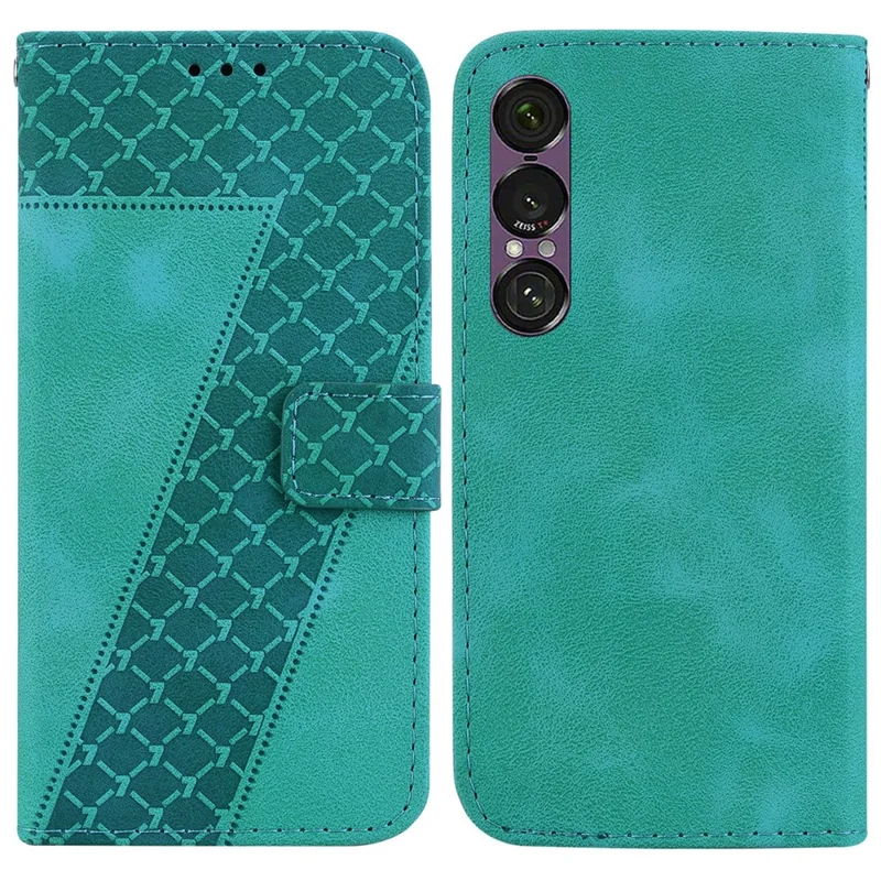 For Sony Xperia 1 VII Stand Case 7-Shaped Pattern Imprint Leather Phone Cover with Strap - Green