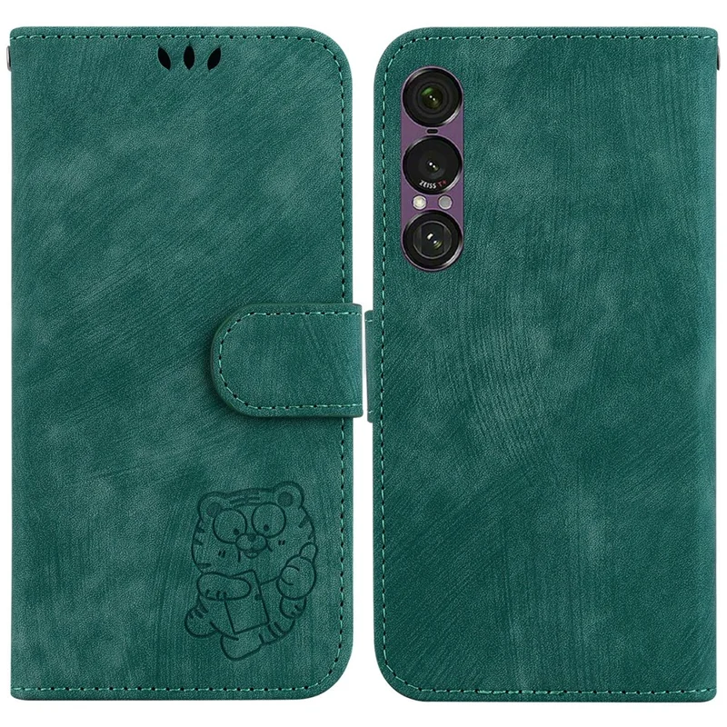For Sony Xperia 1 VII Wallet Case Tiger Imprint Leather Shockproof Phone Cover with Wrist Strap - Green
