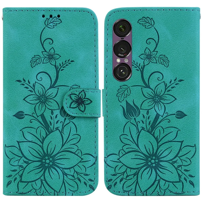 Cover per Sony Xperia 1 VII con Supporto Custodia in Pelle con Stampa di Fiore di Giglio e Cinturino da Polso - Verde