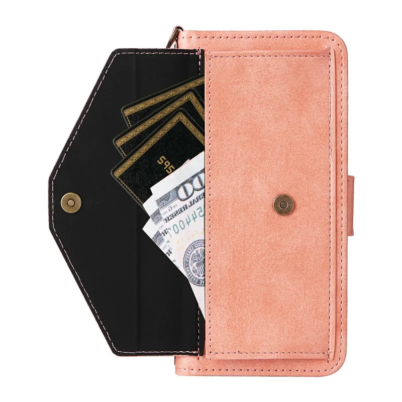 For iPhone 16 Pro Leather Case Magnetic Closure Wallet Stand Phone Cover with Crossbody Strap - Pink