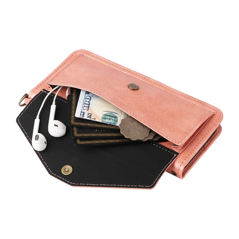 For iPhone 16 Pro Leather Case Magnetic Closure Wallet Stand Phone Cover with Crossbody Strap - Pink