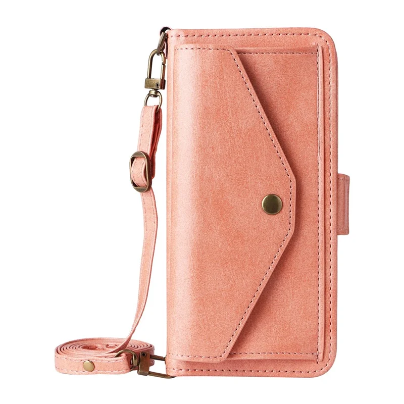 For iPhone 16 Pro Leather Case Magnetic Closure Wallet Stand Phone Cover with Crossbody Strap - Pink
