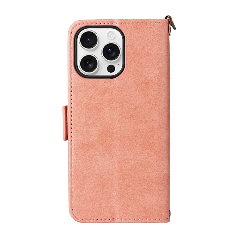 For iPhone 16 Pro Leather Case Magnetic Closure Wallet Stand Phone Cover with Crossbody Strap - Pink