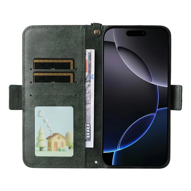 For iPhone 16 Pro Leather Case Magnetic Closure Wallet Stand Phone Cover with Crossbody Strap - Green