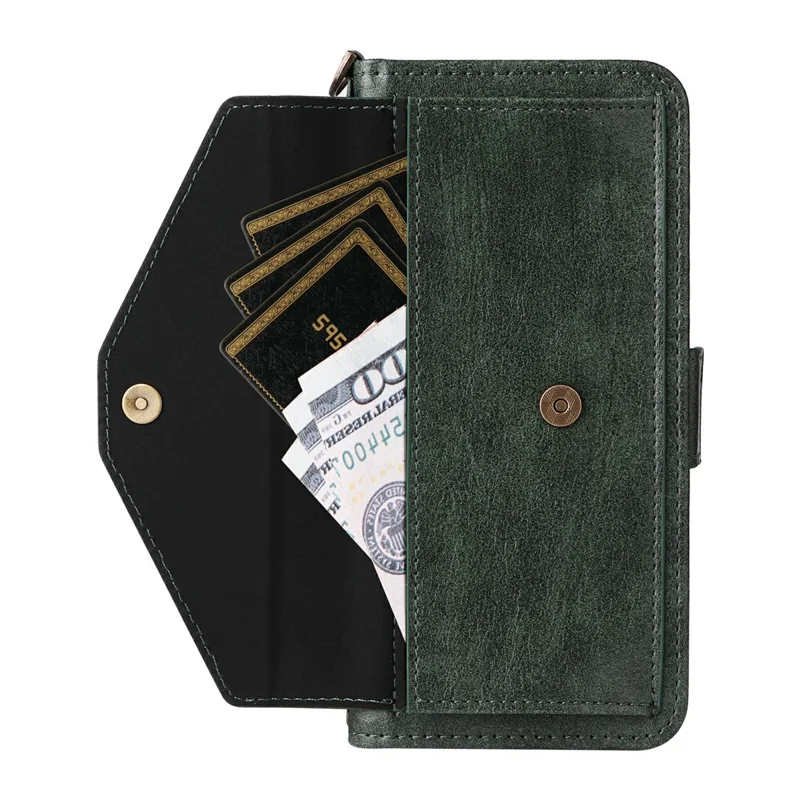 For iPhone 16 Pro Leather Case Magnetic Closure Wallet Stand Phone Cover with Crossbody Strap - Green