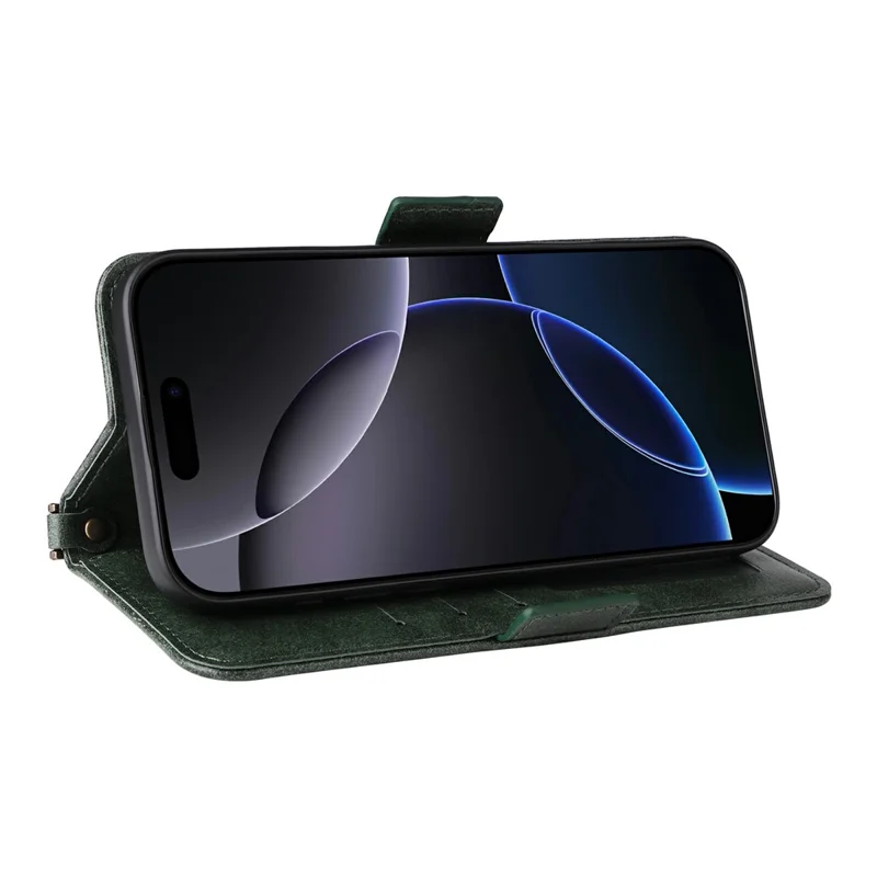 For iPhone 16 Pro Leather Case Magnetic Closure Wallet Stand Phone Cover with Crossbody Strap - Green