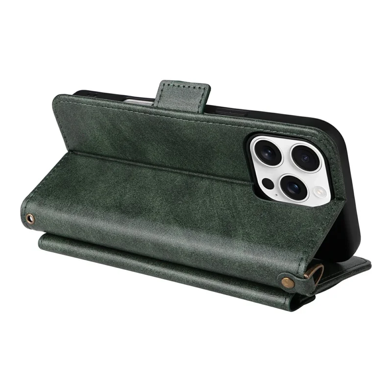 For iPhone 16 Pro Leather Case Magnetic Closure Wallet Stand Phone Cover with Crossbody Strap - Green