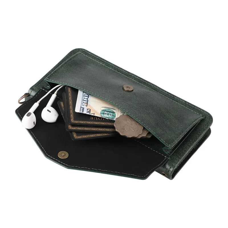 For iPhone 16 Pro Leather Case Magnetic Closure Wallet Stand Phone Cover with Crossbody Strap - Green