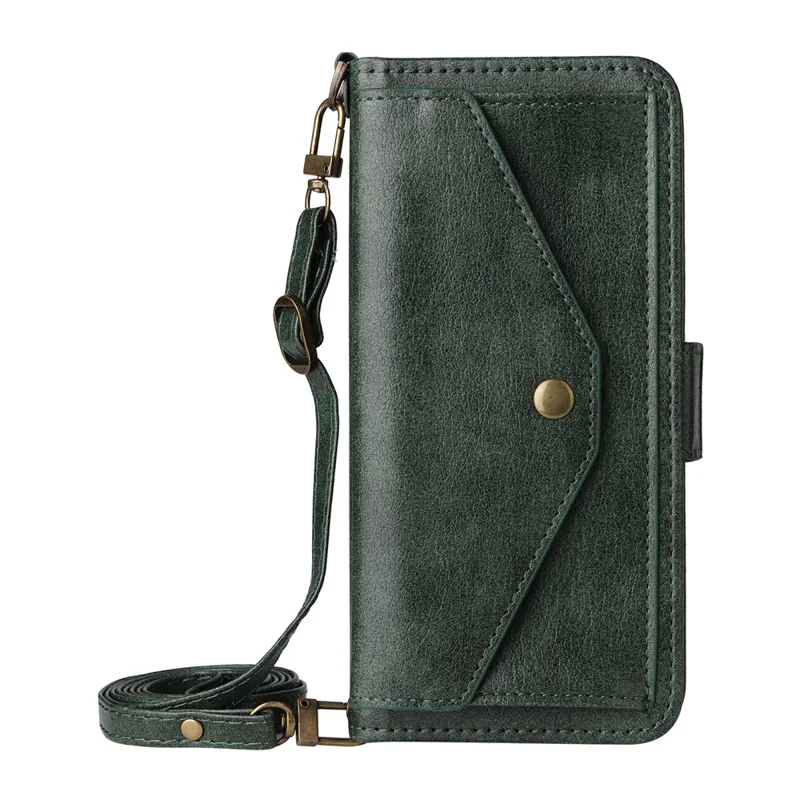 For iPhone 16 Pro Leather Case Magnetic Closure Wallet Stand Phone Cover with Crossbody Strap - Green