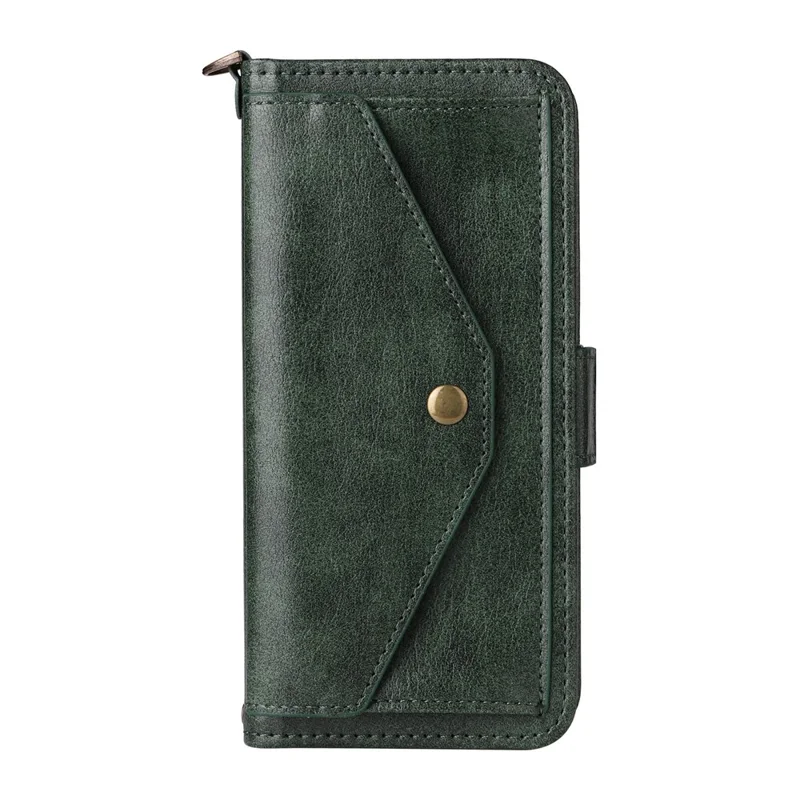 For iPhone 16 Pro Leather Case Magnetic Closure Wallet Stand Phone Cover with Crossbody Strap - Green