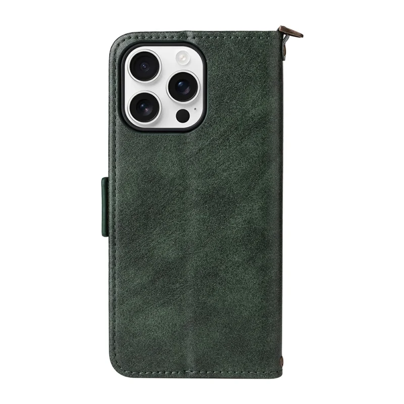 For iPhone 16 Pro Leather Case Magnetic Closure Wallet Stand Phone Cover with Crossbody Strap - Green