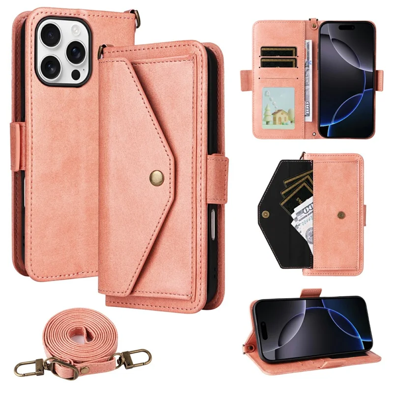 For iPhone 16 Pro Max Leather Case Magnetic Closure Wallet Stand Phone Cover with Crossbody Strap - Pink