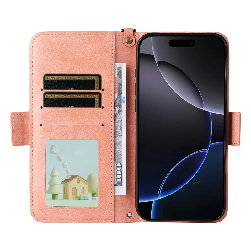 For iPhone 16 Pro Max Leather Case Magnetic Closure Wallet Stand Phone Cover with Crossbody Strap - Pink