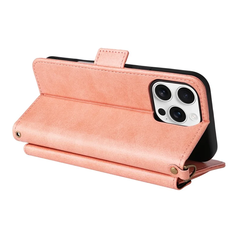 For iPhone 16 Pro Max Leather Case Magnetic Closure Wallet Stand Phone Cover with Crossbody Strap - Pink