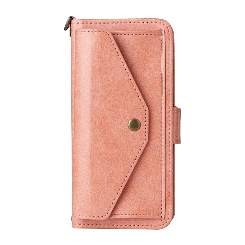 For iPhone 16 Pro Max Leather Case Magnetic Closure Wallet Stand Phone Cover with Crossbody Strap - Pink