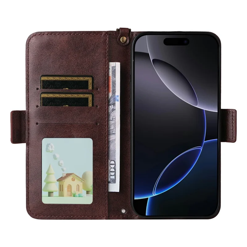 For iPhone 16 Pro Max Leather Case Magnetic Closure Wallet Stand Phone Cover with Crossbody Strap - Brown
