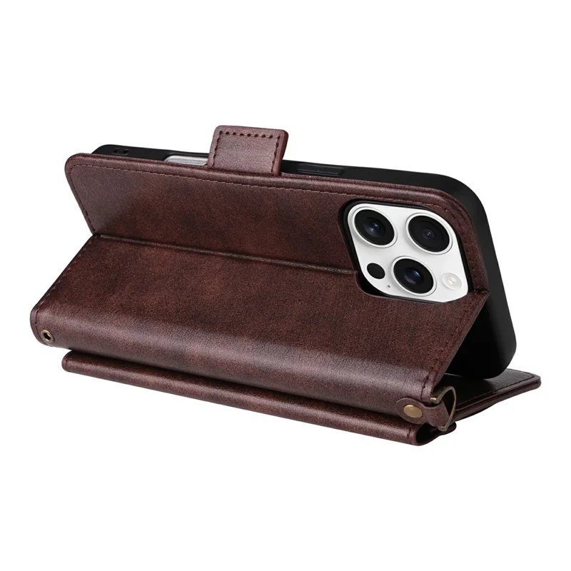 For iPhone 16 Pro Max Leather Case Magnetic Closure Wallet Stand Phone Cover with Crossbody Strap - Brown