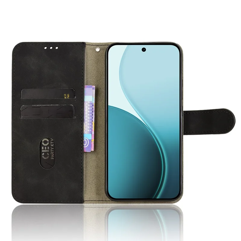 Чехол из кожи для Oppo Reno14 F 5G с эффектом мягкой кожи, защитой от падений и функцией кошелька - Черный