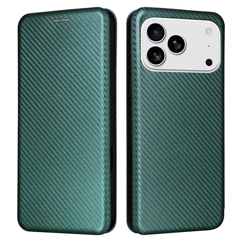For iPhone 17 Pro Case Carbon Fiber Texture Drop-Proof PU Leather Phone Cover - Green