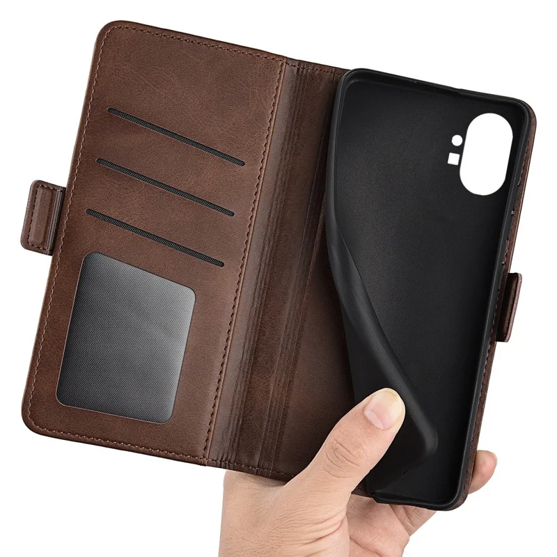 For Nothing phone (1) 5G Calf Texture PU Leather Phone Anti-drop Case Dual Magnetic Clasp Foldable Stand Wallet Cover - Brown