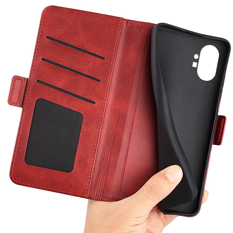 For Nothing phone (1) 5G Calf Texture PU Leather Phone Anti-drop Case Dual Magnetic Clasp Foldable Stand Wallet Cover - Red