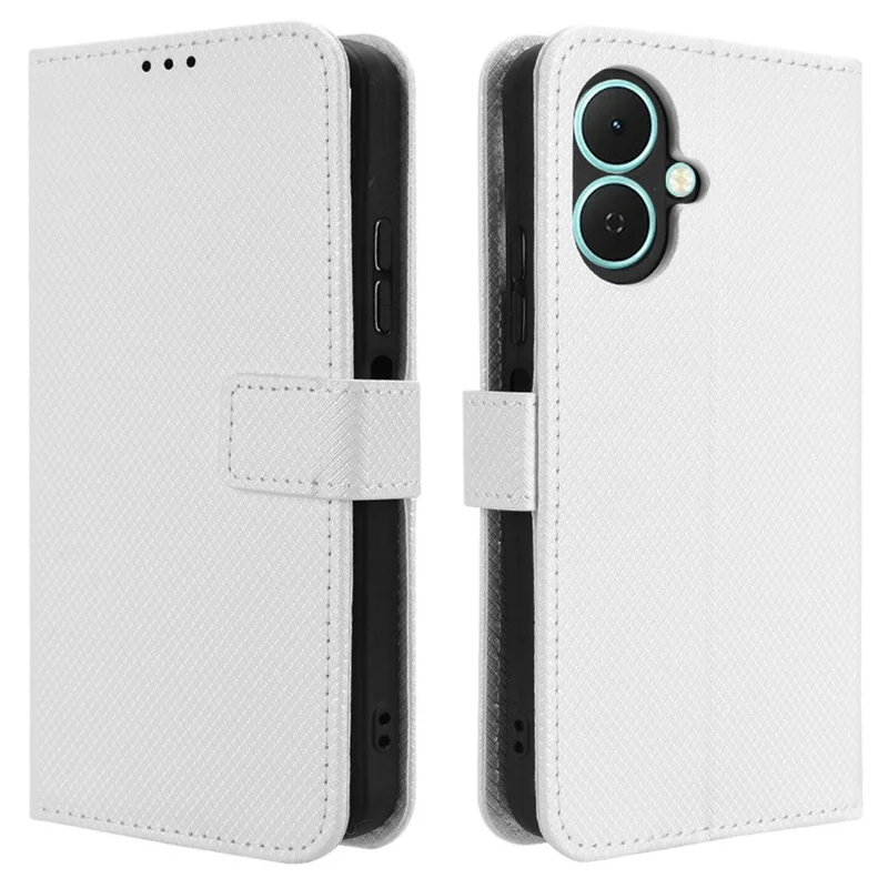 For TECNO Spark Go 2 4G / KM4 Leather Wallet Case with Strap Diamond Texture Phone Cover - White