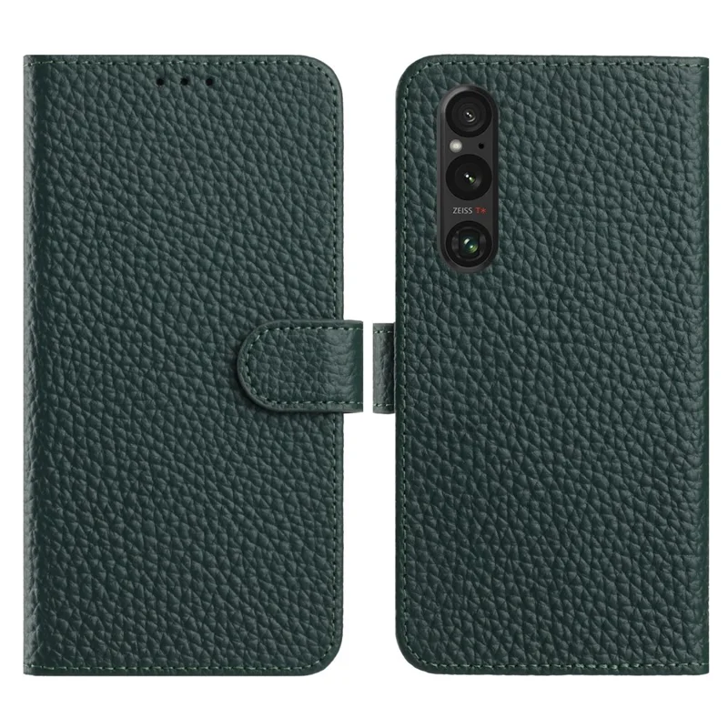 Für Sony Xperia 1 V Hülle Geldbörse Ständer Litschitextur Echtes Kuhlederfaltbare Handyhülle - Grün