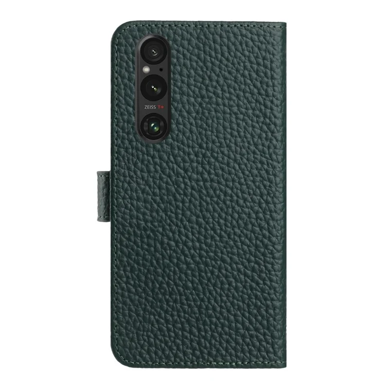 Für Sony Xperia 1 V Hülle Geldbörse Ständer Litschitextur Echtes Kuhlederfaltbare Handyhülle - Grün