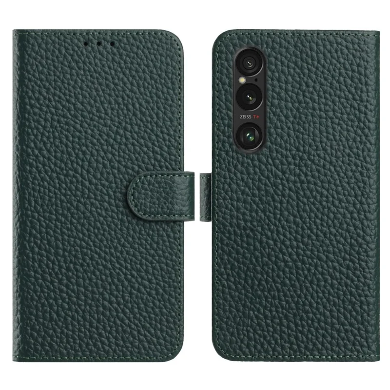 For Sony Xperia 1 VI Case Wallet Stand Litchi Texture Genuine Cow Leather Flip Phone Cover - Green