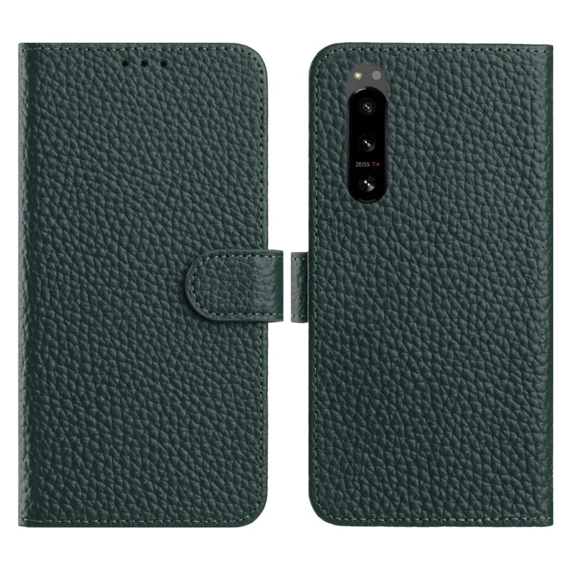 Étui portefeuille pour Sony Xperia 5 IV 5G - Support rabattable en cuir véritable de vache, texture de litchi - Vert