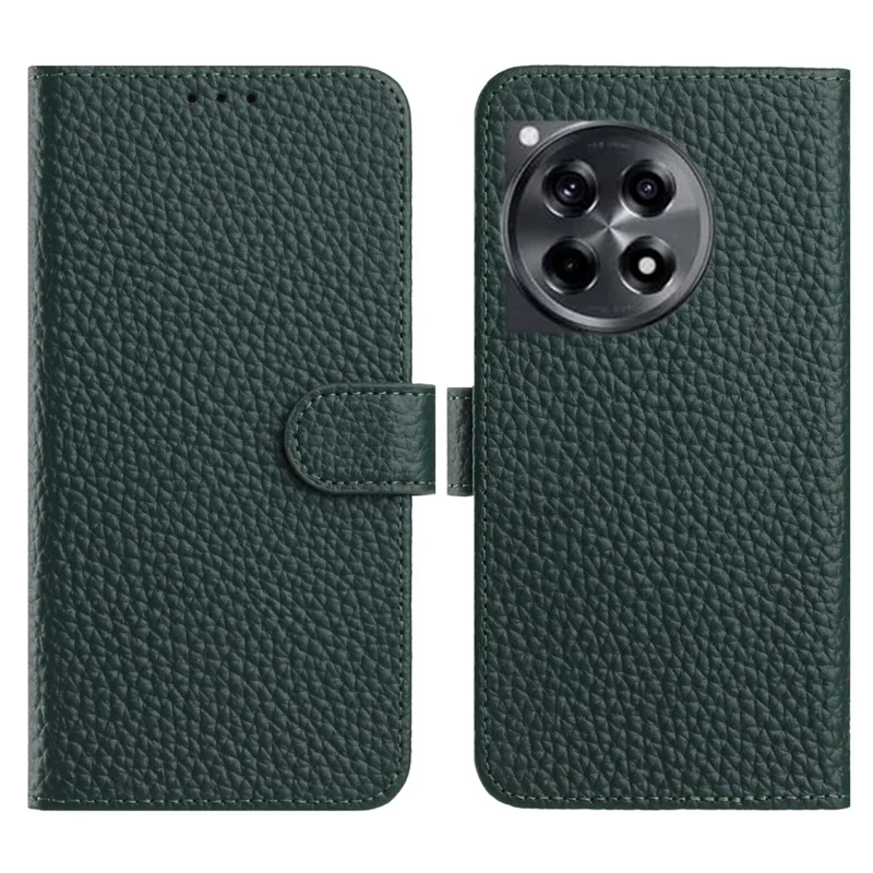 Capa de Couro Genuíno de Vaca com Textura de Lichia Suporte de Carteira para OnePlus 12R 5G - Verde