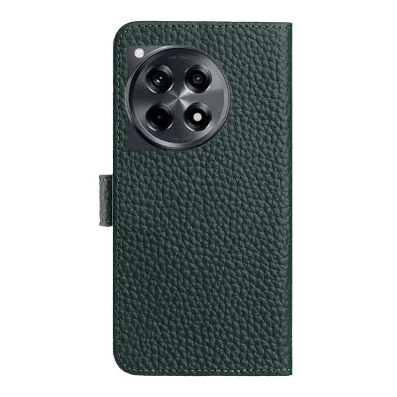 Capa de Couro Genuíno de Vaca com Textura de Lichia Suporte de Carteira para OnePlus 12R 5G - Verde