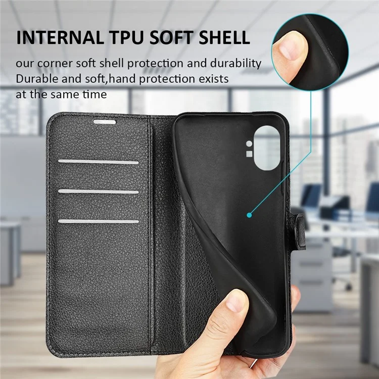 For Nothing phone (1) 5G Litchi Texture PU Leather Full Protection Case Flip Stand Wallet Phone Cover - Black