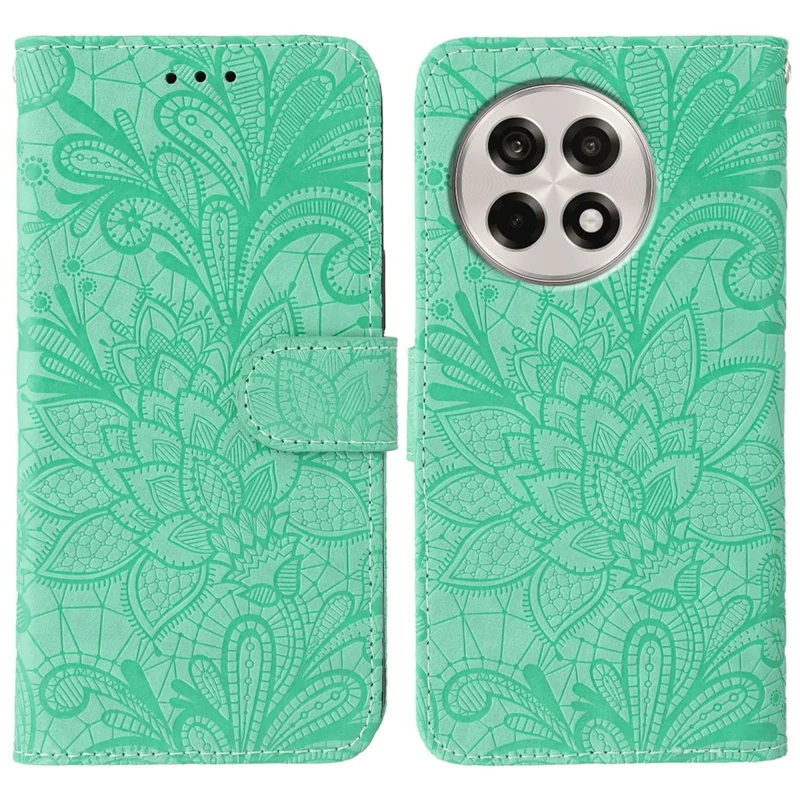 Capa de Couro PU Flip Carteira para OnePlus Ace 5 5G / Ace 5 Pro 5G / 13R 5G com Alça de Pulso e Estampa de Renda Floral - Verde