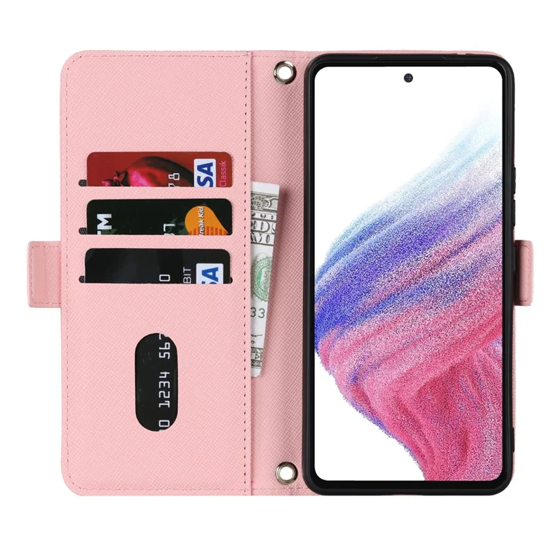 For Samsung Galaxy A53 5G Stand Case Cross Texture PU Leather Wallet Phone Cover with Shoulder Strap  /  Makeup Mirror - Pink