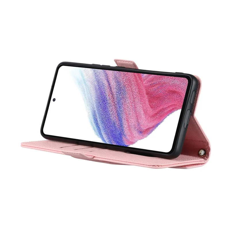 For Samsung Galaxy A53 5G Stand Case Cross Texture PU Leather Wallet Phone Cover with Shoulder Strap  /  Makeup Mirror - Pink