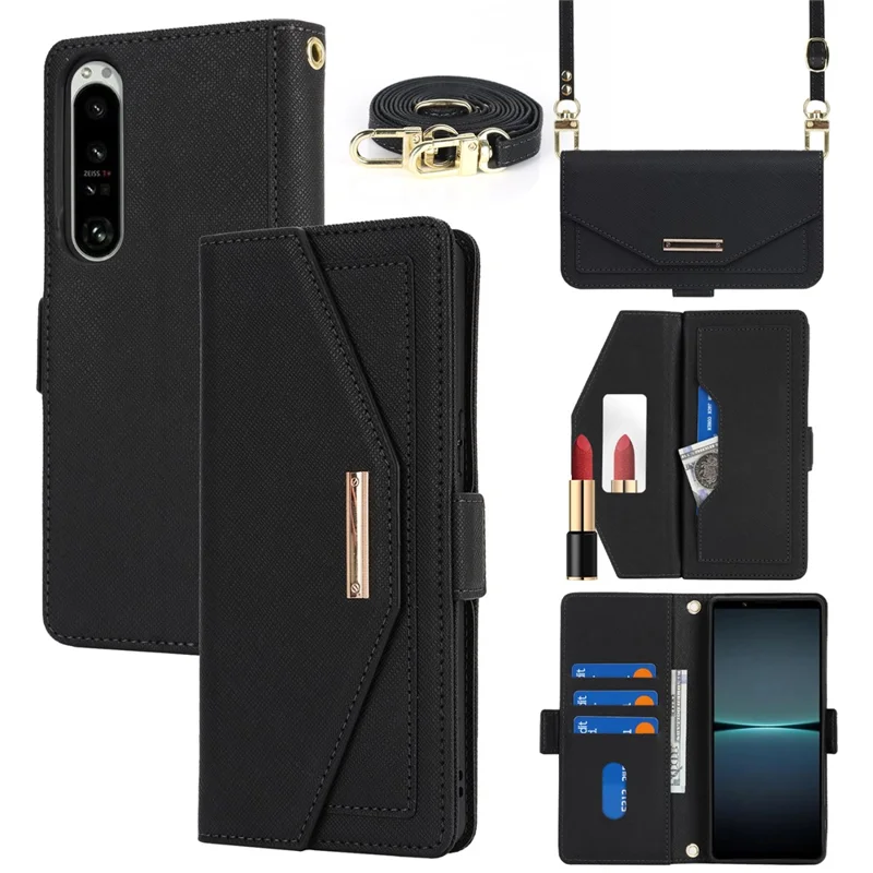 Für Sony Xperia 1 IV 5G Handyhülle mit Ständer, Kreuz-Textur, PU-Leder Brieftasche mit Schulterriemen / Schminkspiegel - Schwarz
