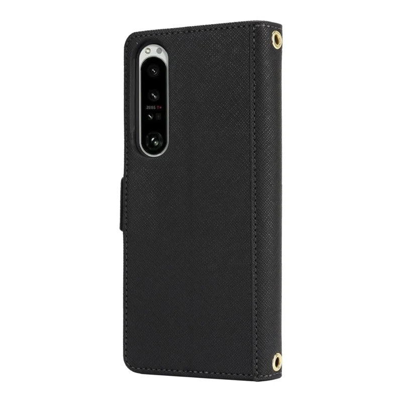 Für Sony Xperia 1 IV 5G Handyhülle mit Ständer, Kreuz-Textur, PU-Leder Brieftasche mit Schulterriemen / Schminkspiegel - Schwarz