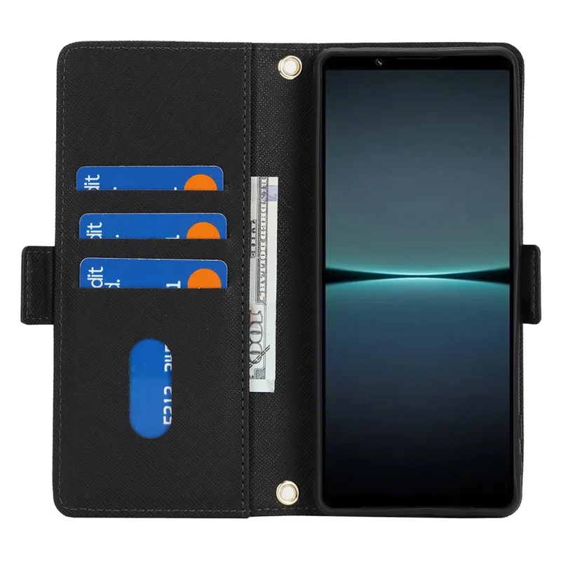 Für Sony Xperia 1 IV 5G Handyhülle mit Ständer, Kreuz-Textur, PU-Leder Brieftasche mit Schulterriemen / Schminkspiegel - Schwarz