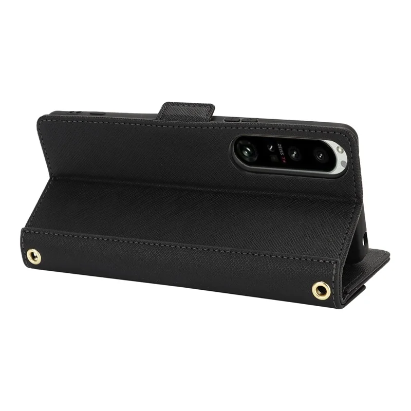 Für Sony Xperia 1 IV 5G Handyhülle mit Ständer, Kreuz-Textur, PU-Leder Brieftasche mit Schulterriemen / Schminkspiegel - Schwarz