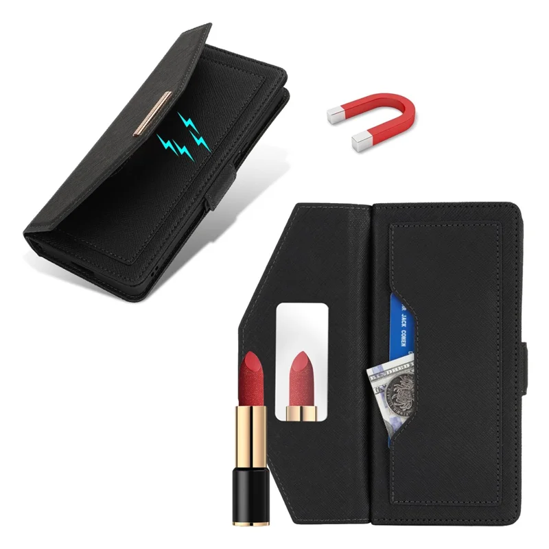 Für Sony Xperia 1 IV 5G Handyhülle mit Ständer, Kreuz-Textur, PU-Leder Brieftasche mit Schulterriemen / Schminkspiegel - Schwarz