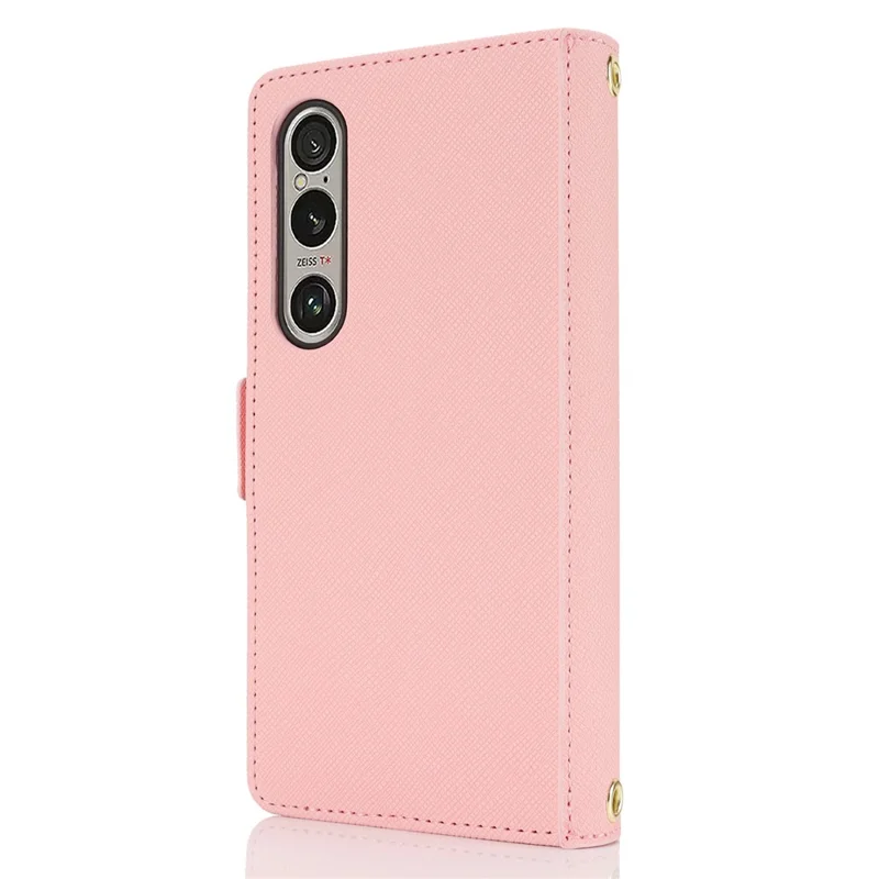Für Sony Xperia 1 VI Handyhülle mit Kreuz-Textur aus PU-Leder, Geldbörsen-Handytasche mit Schultergurt / Makeup-Spiegel - Rosa