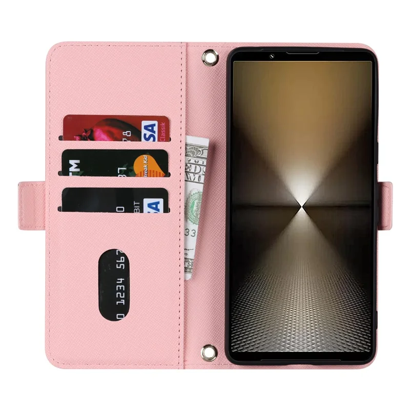 Für Sony Xperia 1 VI Handyhülle mit Kreuz-Textur aus PU-Leder, Geldbörsen-Handytasche mit Schultergurt / Makeup-Spiegel - Rosa