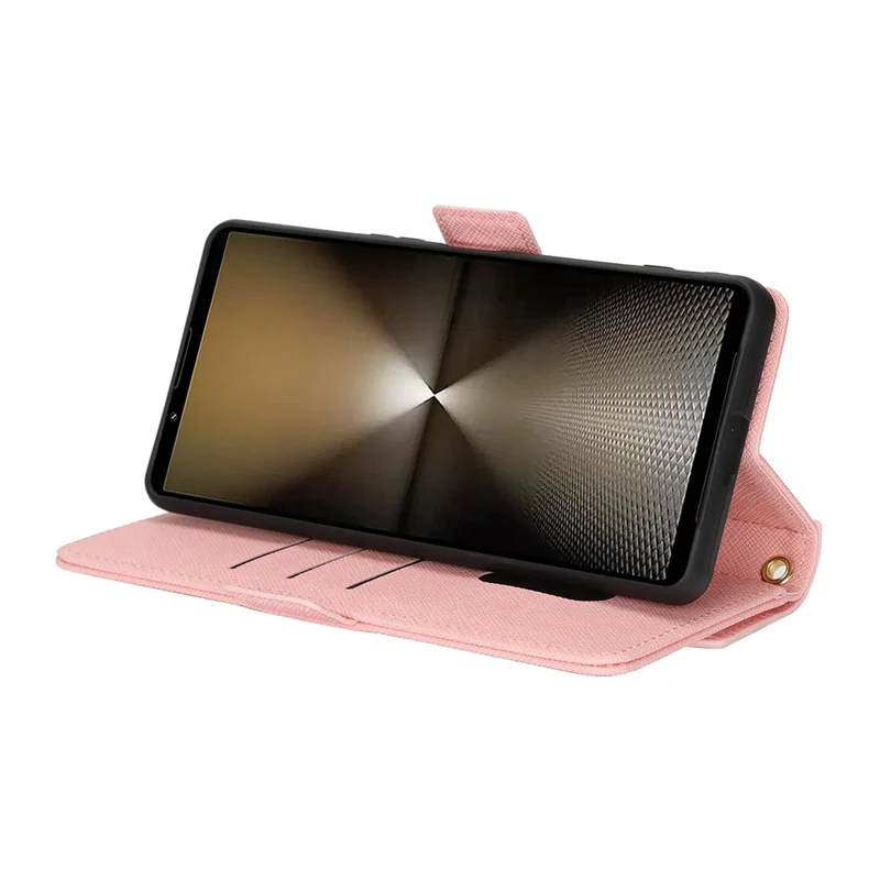 Für Sony Xperia 1 VI Handyhülle mit Kreuz-Textur aus PU-Leder, Geldbörsen-Handytasche mit Schultergurt / Makeup-Spiegel - Rosa