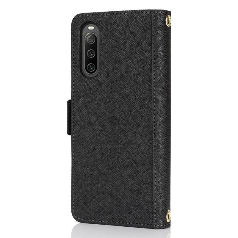 For Sony Xperia 10 IV 5G Stand Case Cross Texture PU Leather Wallet Phone Cover with Shoulder Strap  /  Makeup Mirror - Black
