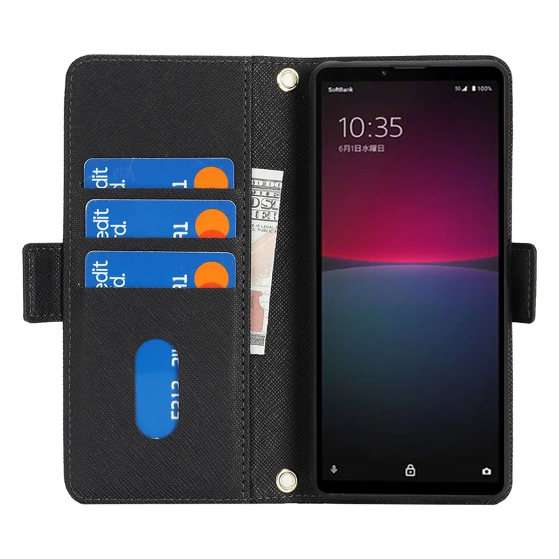 For Sony Xperia 10 IV 5G Stand Case Cross Texture PU Leather Wallet Phone Cover with Shoulder Strap  /  Makeup Mirror - Black